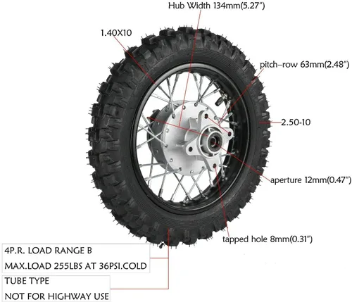 Miniatura 5 de Llanta Trasera de 2.50-10'' para Moto de Cross/Pit Bike, Llanta para Moto de Cross/Pit Bike de 110cc 90cc 70cc 50cc SUNL JOWAY Coo-lster PW50 TTR50