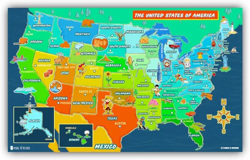 Miniatura 3 de Mapa de Estados Unidos para niños (18 x 30 pulgadas) laminado 50 estados y capitales póster grande bellamente ilustrado Young N Refined