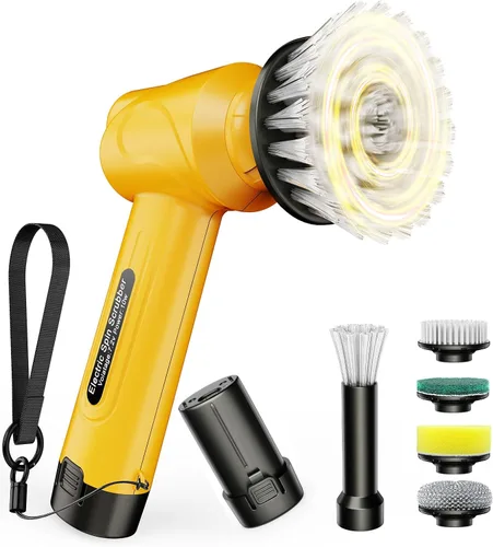 qimedo Battery Electric Spin Scrubber Q4, Handheld Scrubber for Cleaning with Display, Power Dish Scrubber with 5 Heads, Shower Cordless Cleaning