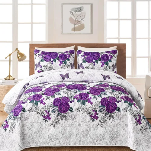 Miniatura 15 de Yiran Juego de edredón floral gris aguamarina, tamaño Queen, colchas botánicas de verano, juego de ropa de cama de 3 piezas, colcha ligera
