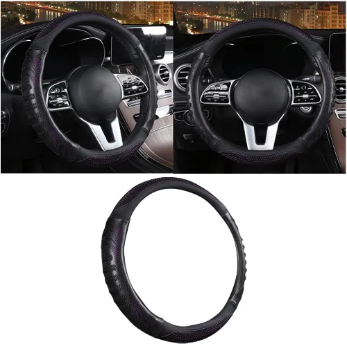 Miniatura 8 de BELOMI - Funda de cuero para volante de automóvil, universal de 15 pulgadas para auto, camioneta y SUV, diseño deportivo antideslizante y Café