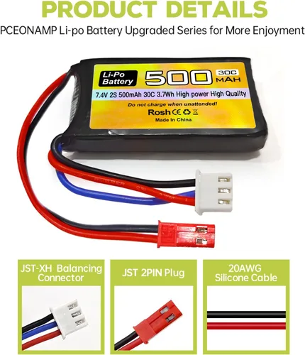 Miniatura 5 de Batería Lipo de 7.4V 500mAh 30C con enchufe JST-2P con cargador 2 en 1 para helicóptero RC Quadcopter pequeño avión micro FPV Racing Drone RC coche