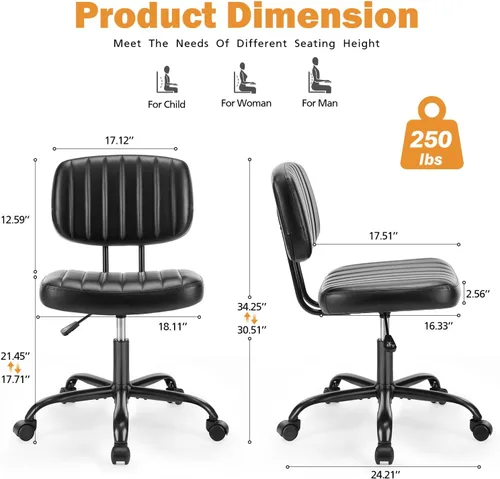 Miniatura 2 de Sweetcrispy Silla pequeña de escritorio de oficina, piel sintética sin brazos con cómodo soporte lumbar, altura ajustable para no tener brazos