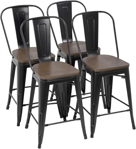 FDW Juego de 4 taburetes de bar de metal de altura de mostrador con respaldo de 24 pulgadas de altura de asiento, sillas de bar industriales,