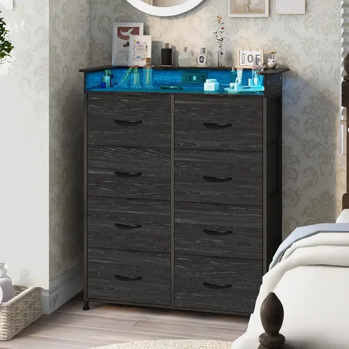 Cómoda de tela para dormitorio con luz LED y estación de carga, cómoda alta con 8 cajones, cómoda negra y cómoda para armario, sala de estar,