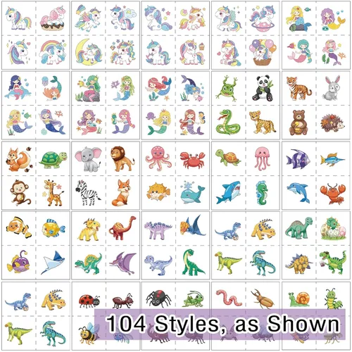 Miniatura 2 de 104 piezas de tatuajes temporales para niños para suministros de fiesta, pegatinas de tatuajes temporales de dinosaurios, unicornios y sirenas