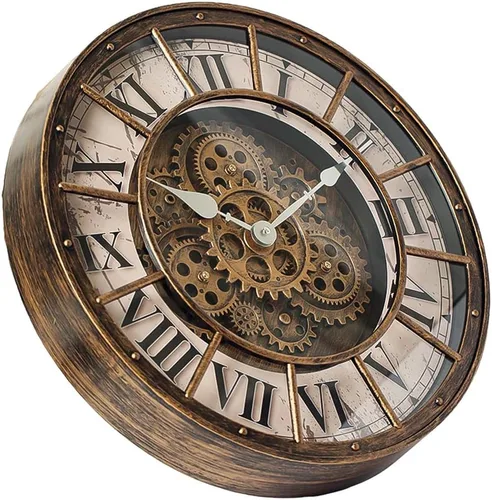 Reloj de pared de 18 pulgadas con engranajes en movimiento, decoración industrial steampunk de gran tamaño, relojes de pared de metal antiguos con