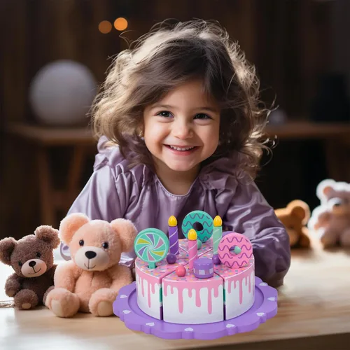 Miniatura 7 de Juguetes de pastel para niños pequeños de 2 a 5 años, juguete de comida de madera para jugar a fingir, pastel de cumpleaños falso, juguete de cocina