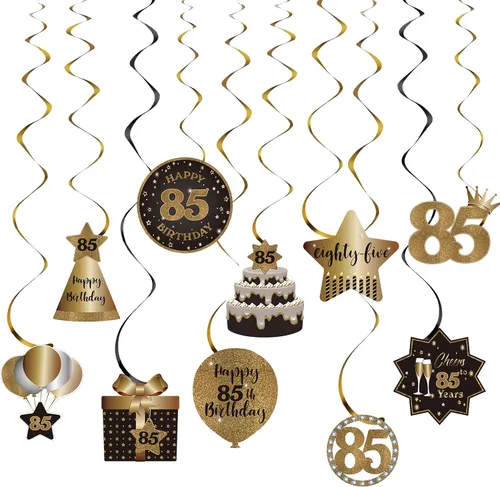 Decoración de techo de remolinos colgantes para fiesta de cumpleaños número 85, 85 espirales colgantes de papel de aluminio con recortes para 85