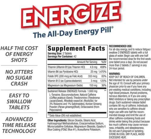 Miniatura 2 de iSatori Energize - Pastillas de cafeína de liberación prolongada, sin nerviosismo o choque, pastillas de energía de acción rápida para todo el día