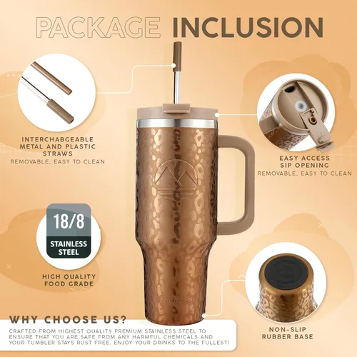 Miniatura 2 de FAHRMOSIS Vaso de 40 onzas con asa y pajita, taza aislada que cabe en el portavasos para bebidas frías y calientes, vaso a prueba de fugas