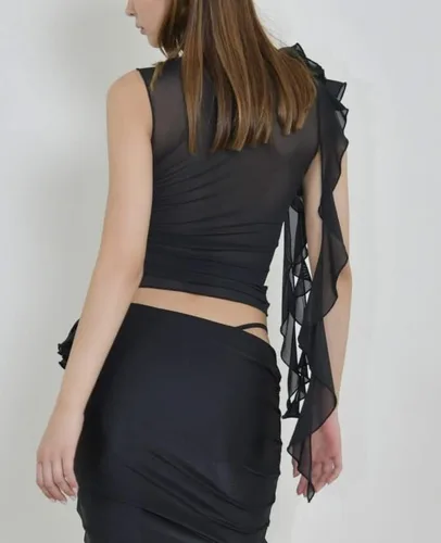 Miniatura 4 de KMBANGI Camiseta sin mangas sexy floral para mujer, con volantes Y2K, cuello halter, sin mangas, hombros descubiertos, sin espalda, tubo de flores
