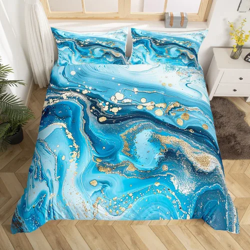 Miniatura 14 de Erosebridal Juego de ropa de cama de mármol líquido azul aguamarina, funda de edredón con estampado de mármol con patrón de mármol abstracto, juego