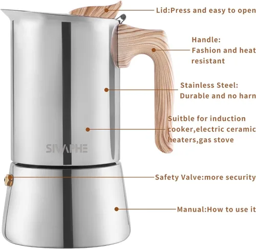 Miniatura 8 de Sivaphe Cafetera Espresso para Estufa de Acero Inoxidable 3.5 oz, 1-2 Tazas Cafetera Inducción Olla Moka, Olla Moka de 100ml Campaing, Olla Moka 2