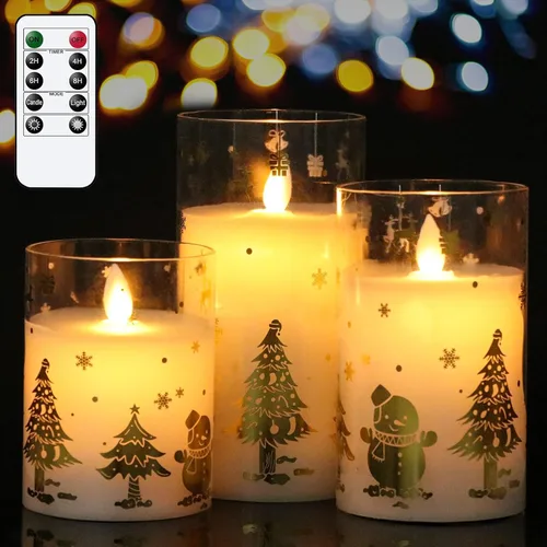 Miniatura 11 de Velas de muñeco de nieve de vidrio sin llama con pilas, control remoto y temporizador, cera real, LED, parpadeantes, pilar de velas blancas, luz