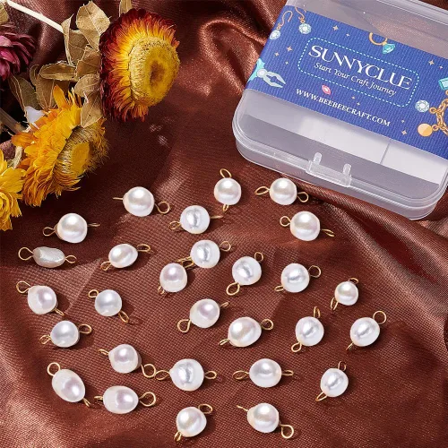Miniatura 4 de SUNNYCLUE 1 Caja 30 Piezas Cuentas de Perlas Naturales de Agua Dulce Enlaces Conectores de Doble Bucle Perlas Barrocas Cuentas Redondas Conector