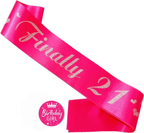 Banda de cumpleaños número 21, bandas suaves de satén rosa intenso con letra plateada con purpurina, decoraciones de cumpleaños para niñas, 21 rosa