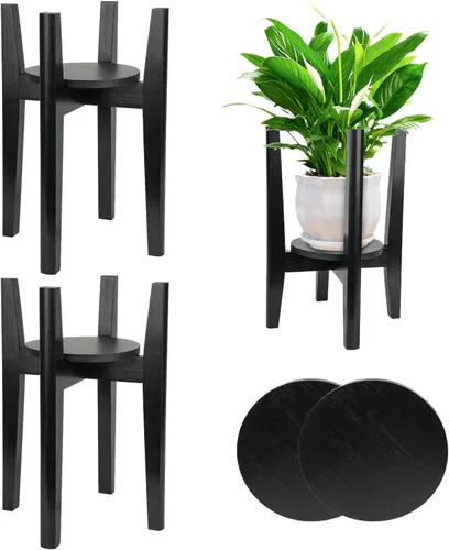 Miniatura 11 de Soporte ajustable para plantas con bandeja, soporte de madera para plantas de interior para macetas de 8 a 12 pulgadas, moderno soporte para macetas