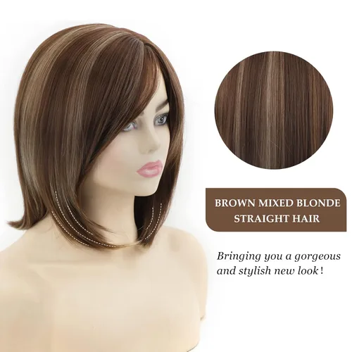 Miniatura 3 de SEVENCOLORS Pelucas cortas de cabello sintético con flequillo lateral y rubio mezclado para mujeres blancas, longitud al hombro, pelucas de cabello