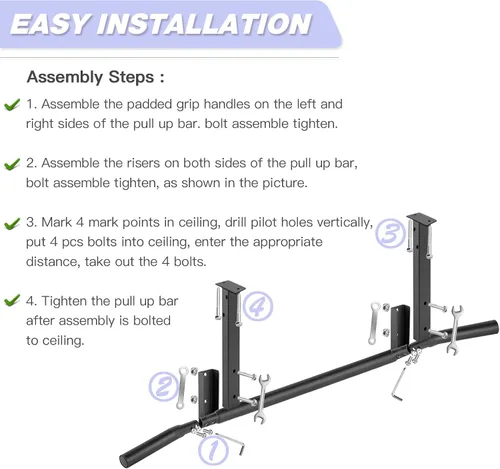 Miniatura 7 de ATENTO Pull Up Bar, Chin Up Bars Ceiling Mount, Workout for Home Gym, Beam, Crossfit - Heavy-Duty, Foam Grip, Easy installation