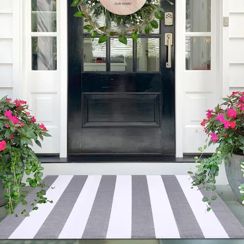 IOHOUZE Alfombra Rayada Gris y Blanca - 27.5" X 43" Tapetes para Puerta Delantera al Aire Libre, Alfombra Lavable para Decoración de Porche