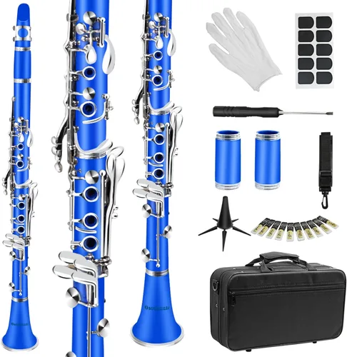 Soulmate Bb Flat - Clarinete para estudiantes principiantes con 17 teclas de níquel con 2 barriles y kit de limpieza para clarinete, color azul