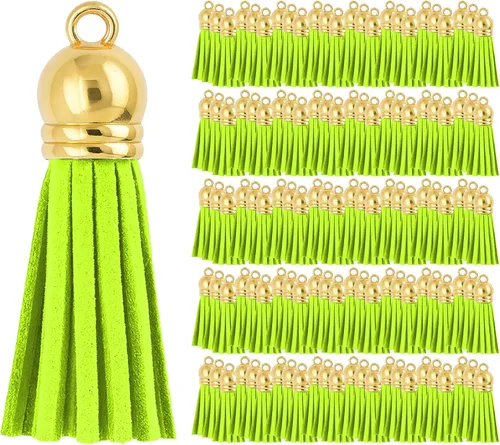 Miniatura 28 de Mandala Crafts 100 borlas de gamuza sintética color aguamarina con tapa dorada, suministros para hacer llaveros a granel, pequeñas borlas de cuero