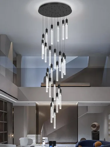 Miniatura 25 de Flashing God Candelabro LED moderno, 10 luces negras regulables, lámpara colgante con control remoto de techo alto para escalera, sala de estar