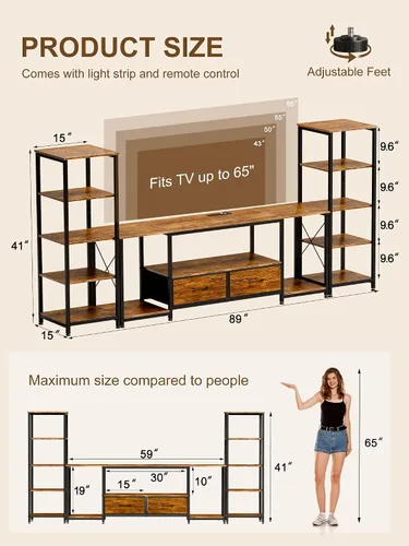 Miniatura 2 de Soporte de TV para televisores de hasta 65 pulgadas, centro de entretenimiento con 2 estanterías, consola de TV moderna rústica con 2 cajones