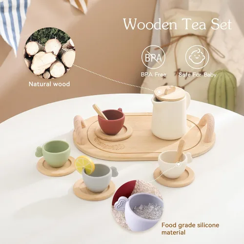 Miniatura 2 de Juego de Fiesta de Té para Niños, Juego de Té de Madera para Niñas y Niños, Accesorios de Cocina de Juguete para Niños, Juego de Té para Niños
