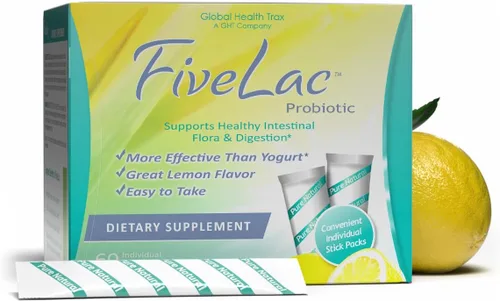 Global Health Trax GHT - Mezcla de bebida en polvo probiótica de limón FiveLac, probióticos para mujeres, hombres y niños, apoyo y eliminación