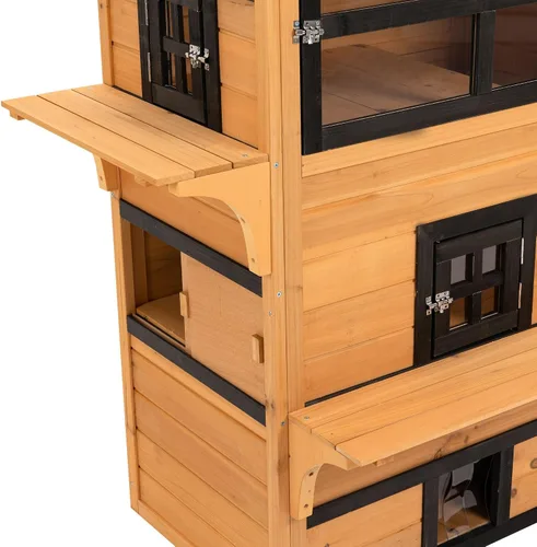 Miniatura 8 de 3-Tier Shelter for Cats: Asphalt Eave, Raised Floor, Escape Exit, Tiered Jump Platforms, Yellow/Black, 38.5x27x48in, Fir Material, Rated for 10lb