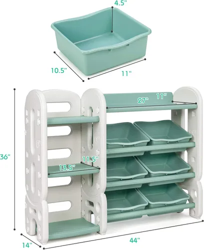 Miniatura 3 de HONEY JOY Organizador de almacenamiento de juguetes para niños de 4 niveles con 6 contenedores, unidad de almacenamiento de juguetes 2 en 1 con Verde