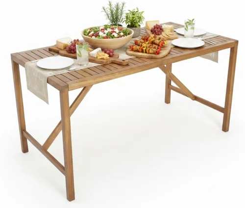 Tangkula Mesa de comedor rectangular para exteriores, mesa de madera de acacia con agujero para sombrilla de 2 pulgadas, amplia mesa de listones