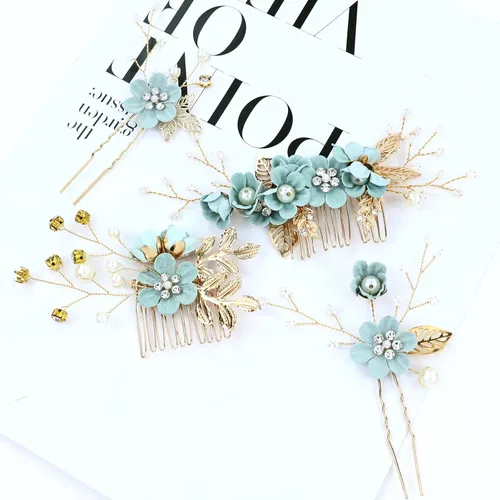 Miniatura 8 de inSowni 20 piezas de diamantes de imitación de perlas nupciales, bodas, fiestas, bailes, flores verdes claras, peines laterales + horquillas novias