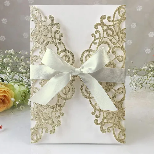 Miniatura 3 de Kit de invitaciones de boda de 5.12 x 7.28 pulgadas, 20 unidades de champán en blanco, con purpurina, cortadas con láser, tarjetas de invitación