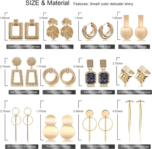 Miniatura 7 de FIFATA 30 pares de aretes de ratán para mujeres y niñas, aretes de aro dorados divertidos de acrílico, aretes colgantes de resina de moda