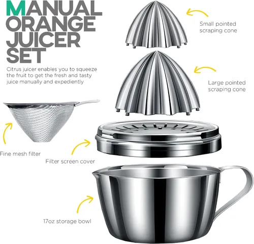 Miniatura 6 de Homestia Exprimidor manual de cítricos de acero inoxidable – Exprimidor de toronja de naranja limón con 2 conos desmontables, cuenco de 14 onzas