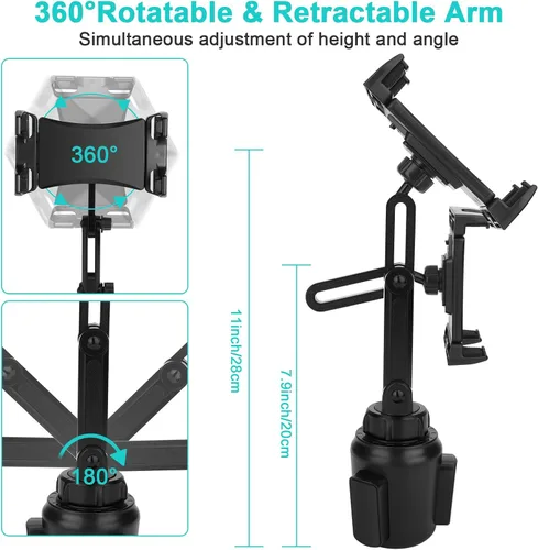 Miniatura 6 de Cup Holder Car Tablet Mount, Universal 360° Rotation Adjustable Long Arm Holder Stand for iPad Pro 12.9/11/10.5/9.7/Air/Mini 6/5/4, Galaxy Tab/Z