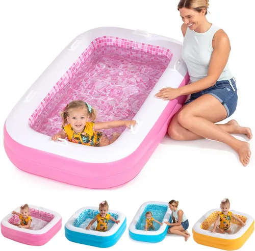 Piscina inflable 2 en 1 para niños, 65"x39"x10" (5'5") con piso acolchado suave, asas, drenaje, piscina poco profunda rectangular para niños de 2