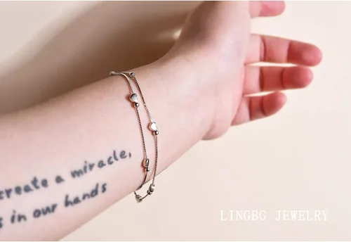 Miniatura 2 de LINGBG JEWELRY Pulseras en capas de plata de ley 925, pulseras de amor con corazón, pulseras de estrella para mujer, pulseras de doble hebra