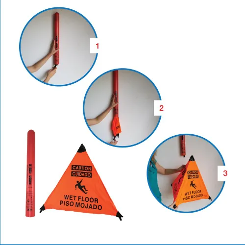 Miniatura 3 de Letrero de suelo mojado de precaución naranja (ENG/SPAN) Handy Cone con tubo de almacenamiento "3-PACK