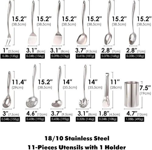 Miniatura 2 de Juego de utensilios de cocina de acero inoxidable 18/10 con soporte - Juego de cucharas espátula de 15" con organizador de almacenamiento para 12