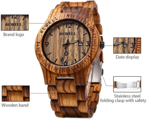 Miniatura 4 de BEWELL W086B Mens Wooden Watch Analog Quartz Lightweight Handmade Wood Wrist Watch