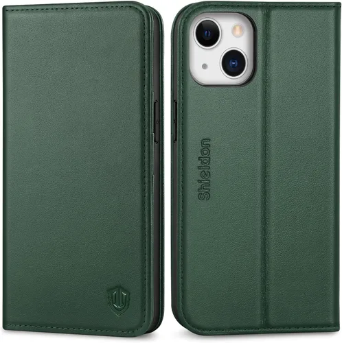 Miniatura 13 de SHIELDON Funda tipo cartera para iPhone 13 de 6.1 pulgadas, estuche tipo folio de piel auténtica con función atril y bloqueo RFID, ranuras para Rojo