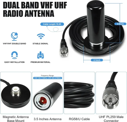 Miniatura 2 de BASIKER Antena de radio de jamón móvil para vehículos de 3 pulgadas, doble banda VHF UHF 136-174MHz 400-470MHz, montaje en base magnética NMO SO239