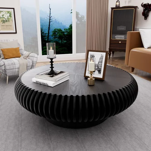 Miniatura 11 de Mesa de centro de tambor de 31.5 pulgadas, moderna y única, mesa de té acanalada, mesa de centro redonda de madera contemporánea con mesa central