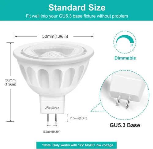 Miniatura 3 de Paquete de 10 bombillas LED MR16 regulables, 5 W, 5000 K, luz diurna 500 lm (equivalente a 50 W) AC/DC 12V GU5.3 base bi-pin ángulo de haz de 40°