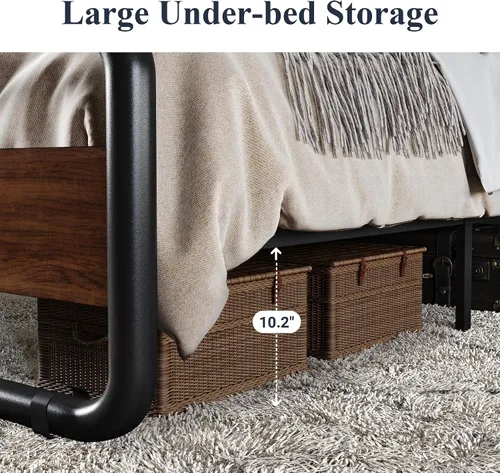Miniatura 5 de Allewie Base de cama de metal tamaño Queen con cabecero y estribo de madera curvos, plataforma de hierro resistente con almacenamiento debajo