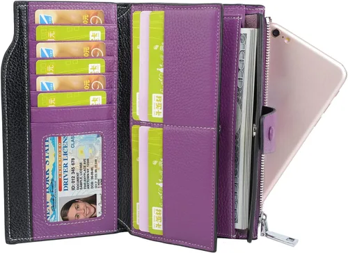 Miniatura 6 de YALUXE Cartera de piel auténtica para mujer, con bloqueo RFID, tarjetero múltiple con bolsillo para teléfono celular